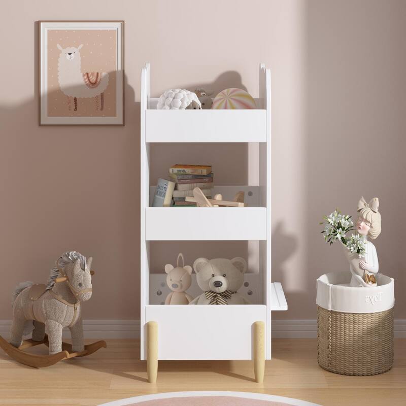 Kids Bookshelf with Chalkboard Side - Bear-Shaped Wooden Bookcase with 3-Tier Storage,Drawing Board