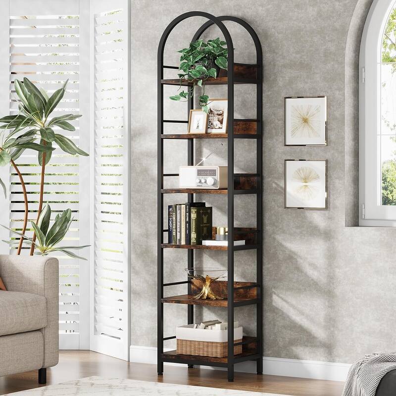 6-Tier Open Bookshelf, 78.7" Tall Arched Display Shelf Rack, Brown - Brown - 1 Pc