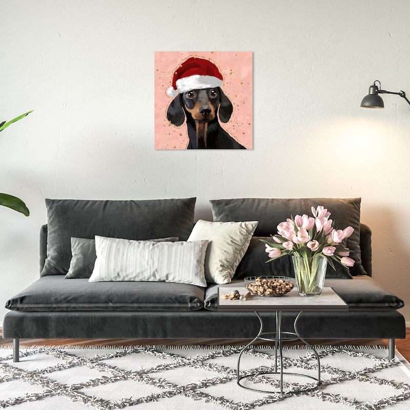 Wynwood Studio Canvas Animals Holiday Doxie Pink and Crimson Glam Wall Art Canvas Print - 20 x 20