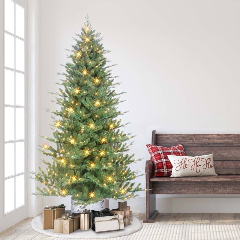 7.5' Potted Green Pine Medium Artificial Christmas Tree, Clear Lights - 7.5 Foot