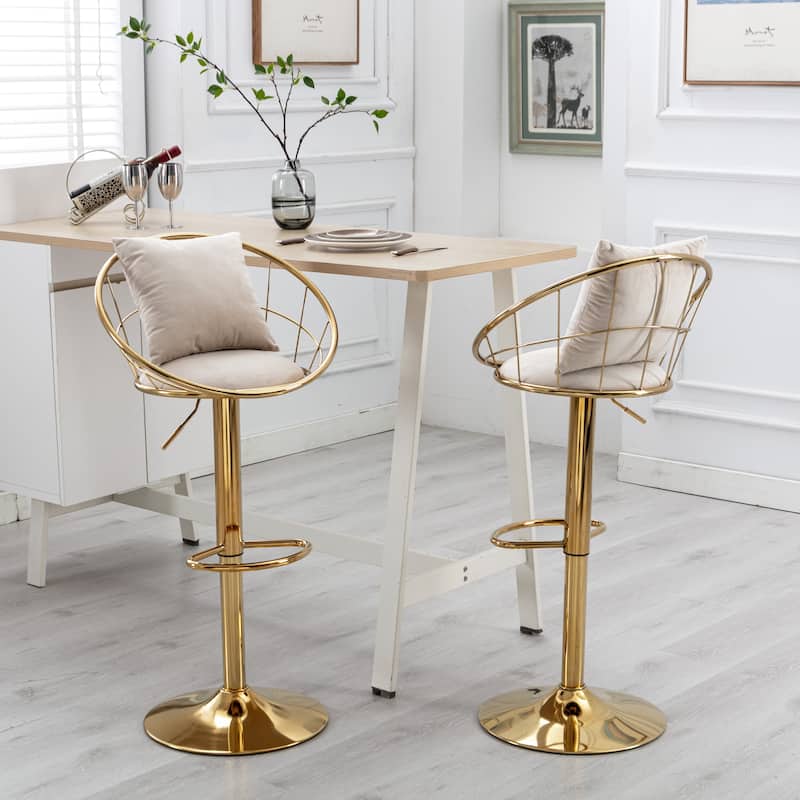 Adjustable Height Swivel Bar Stools Set of 2 with Velvet Padded Seat, Weave Shape Back, Gold Plated Base and Non-slip Pads
