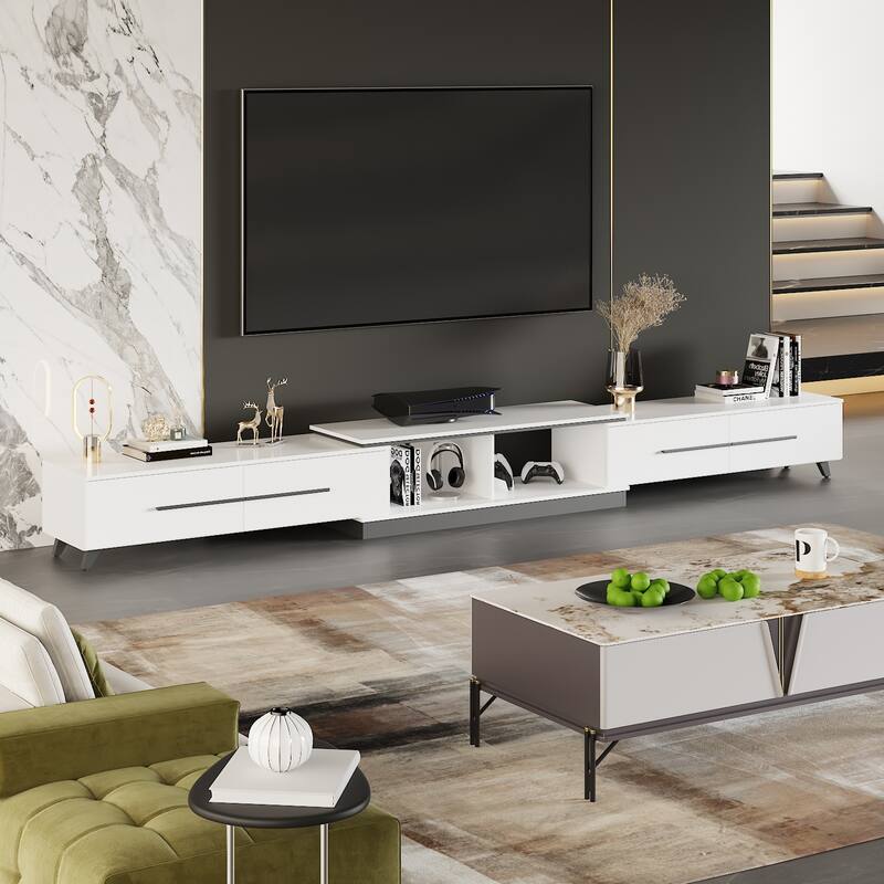 13.1"H Extendable Designs TV Stand with 4 Storage Drawer Black/White