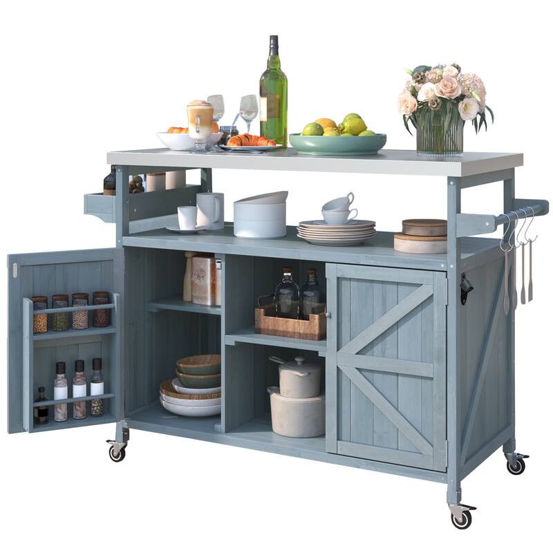 Farmhouse Kitchen Island with Stainless Steel Top, Rolling Grill Solid Wood Storage Cabinet wSpice Rack & Towel Rack for Kitchen