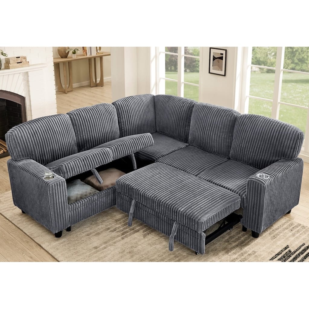 81" L-Shaped Corduroy Sectional Sofa with Pull-Out Bed