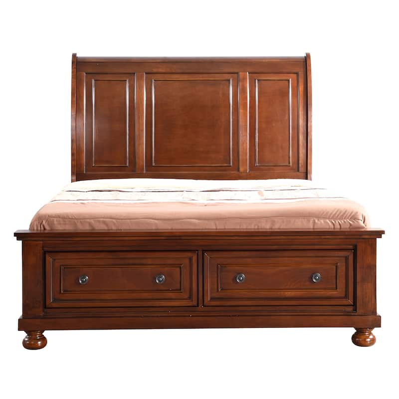 Wooden Sleigh Queen Panel Bed with Two Storage Drawers - 97" - Brown