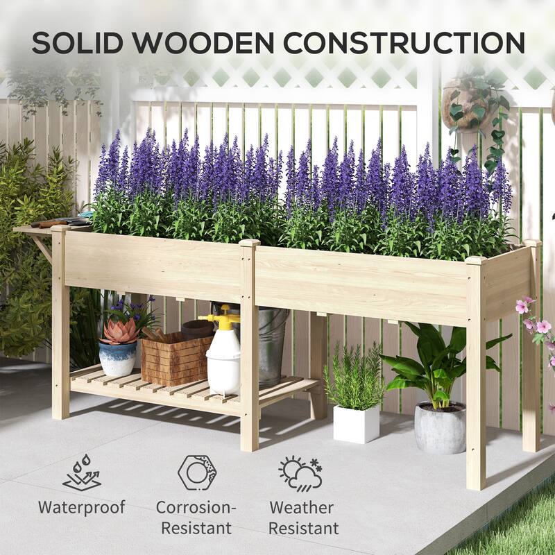 Fir Wood Raised Garden Bed with Bottom Shelf and Moisture-Retaining Liners Foldable Side Table - 81.5" W x 23.2" D x 30.7" H