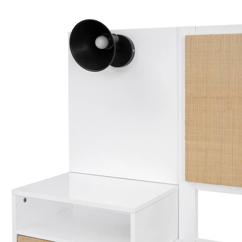 Queen Size Bed Frame, Nightstands & Headboard 3 in 1 Slats Platform Bed with Drawers and Lamps, Rattan Design for Bedroom