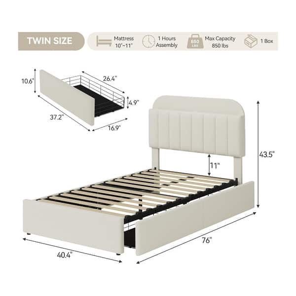 dimension image slide 9 of 13, Garvee Bedroom Boucle Platform Bed Frame, Storage Headboard, 2 Drawers