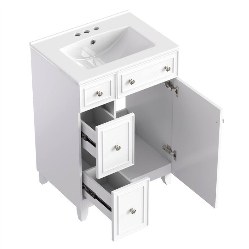 24'' Bathroom Vanity with Ceramic Sink Top, Freestanding Bathroom Vanity Cabinet with 1 Soft Close Door and 2 Storage Drawers