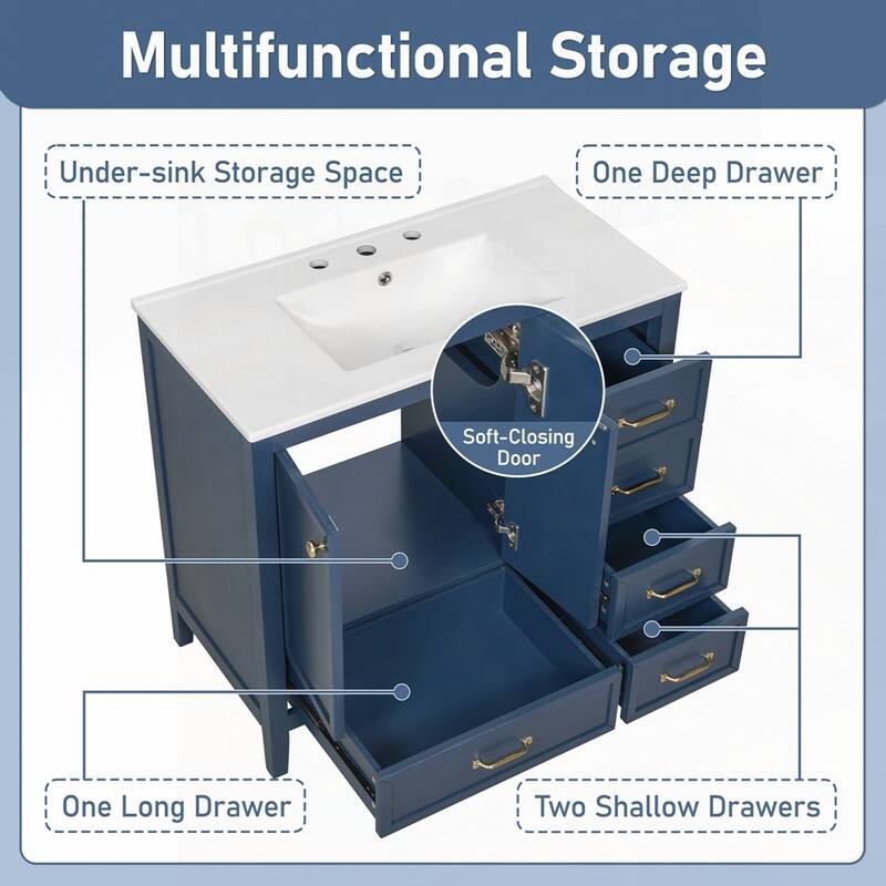 36-Inch Bathroom Vanity with Soft-Closing Drawers,Ceramic Sink,and Wood Frame