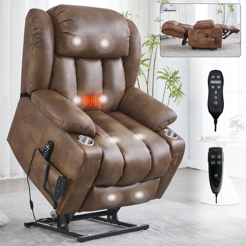 Oversized Faux Leather Power Lift Recliner with Massage & Heating