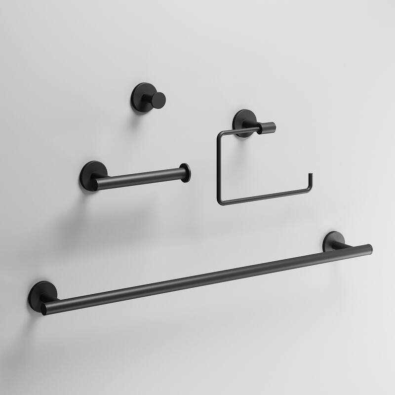 VIGO Elan 4-Piece Bathroom Hardware Accessory Set with 24 in. Towel Bar, Toilet Paper Holder, Hand Towel Holder, Hook - Matte Black