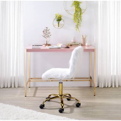 Writing Desk with USB Port in Pink Desktop & Gold Finish Leg , Open Metal Base , No Storage