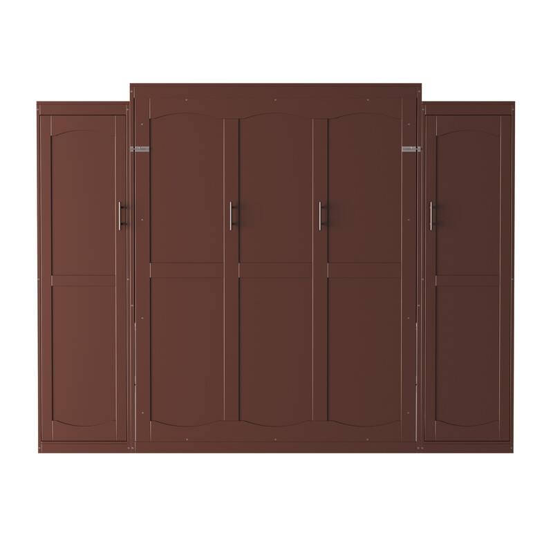 Full Size and Queen Size Murphy Bed, Wooden Queen Wall Bed with 2 Wardrobe and Storage Shelf