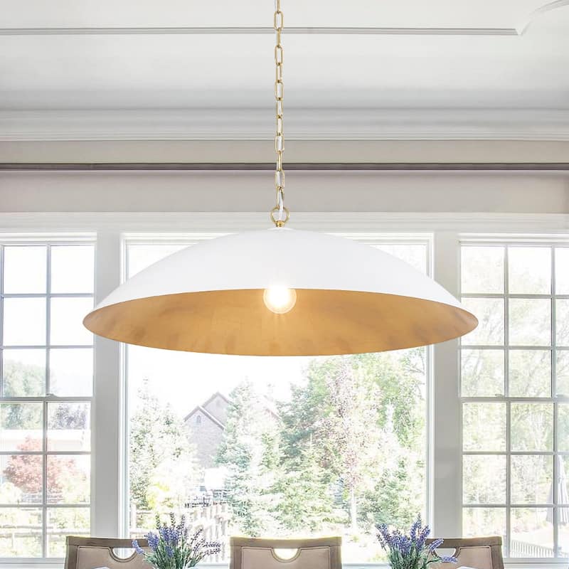 1-Light Black Gold Oversized Metal Dome Pendant Light - 27in - Matte White