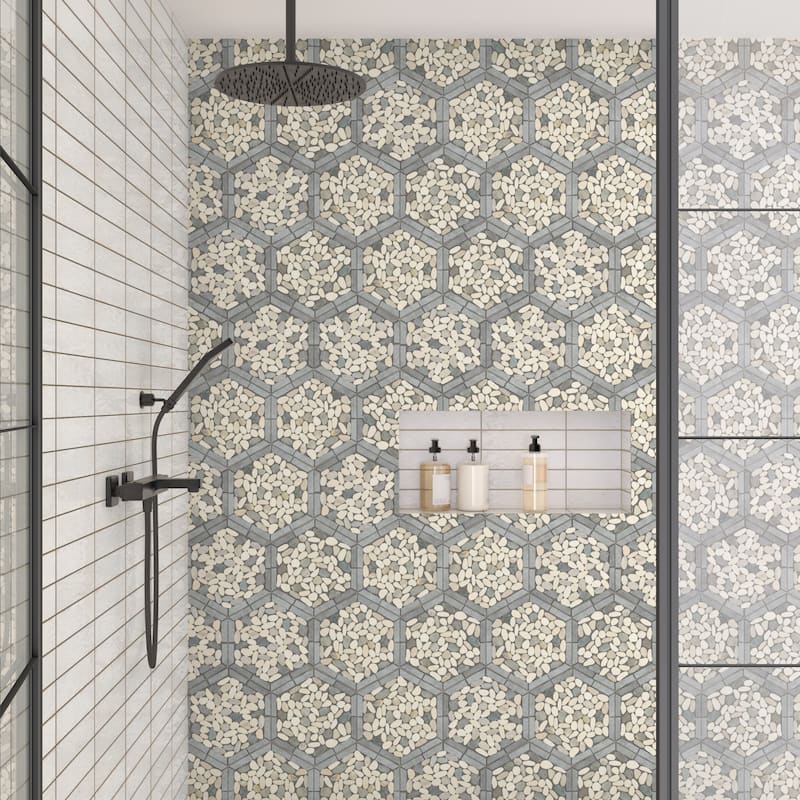 Daltile Pebble Oasis Natural Stone Framed Hexagon Pebble Mosaic 11" x 10" (11 PC per Carton) (10.88 SQFT per Carton)
