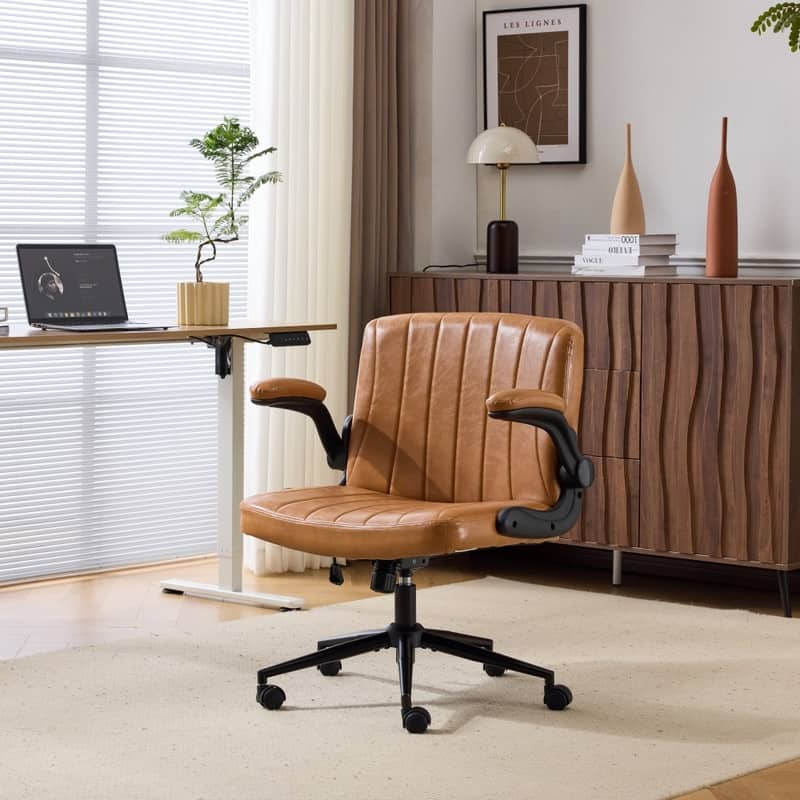 Oil-Waxed Leather Swivel Chair With Flip-Up Armrests - Brown