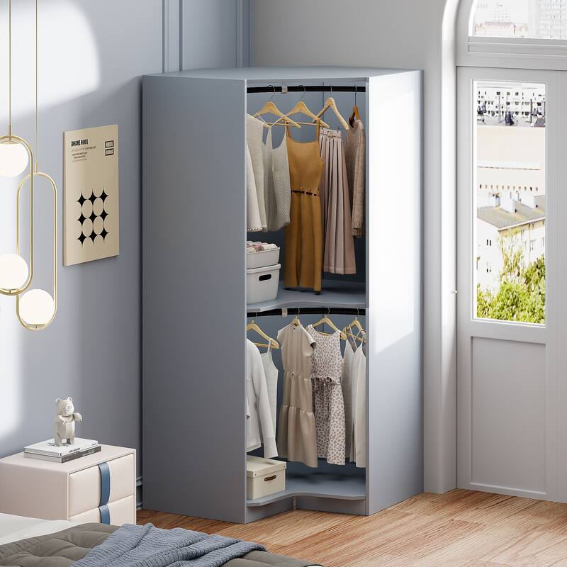 Polygonal Corner Wardrobe Armoire with Clothes Rail, Bedroom Wooden Wardrobe Storage Closets, Open Wardrobe for Bedroom
