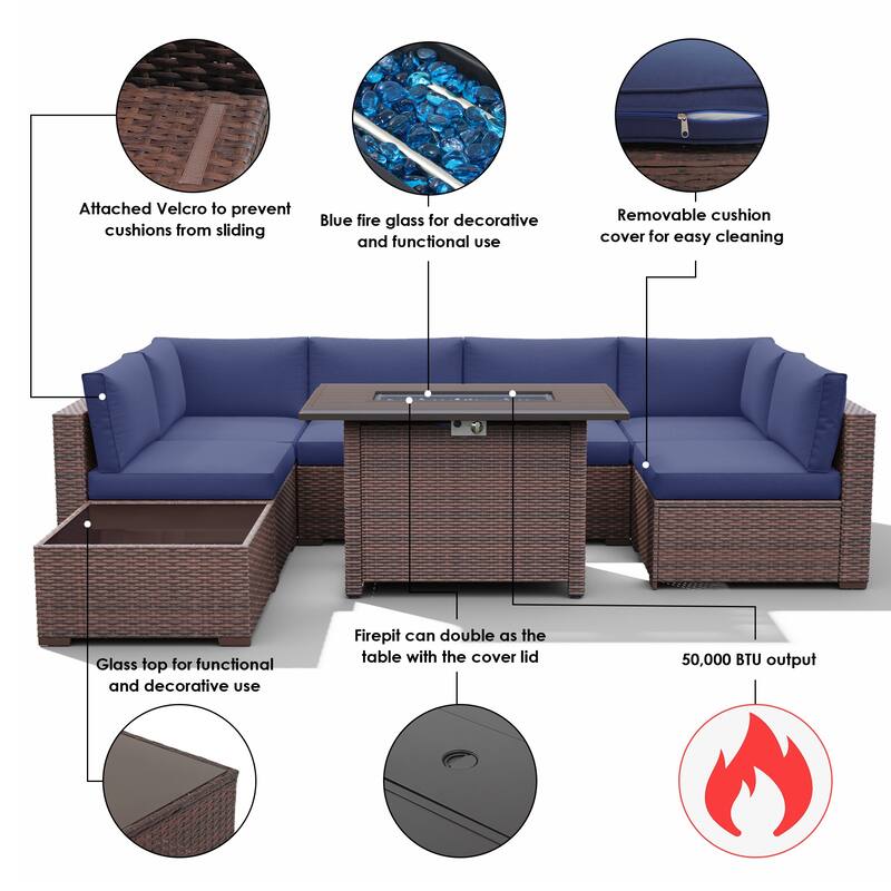 Outdoor 8 Pieces Sectional Wicker Sofa Set with Fire Pit