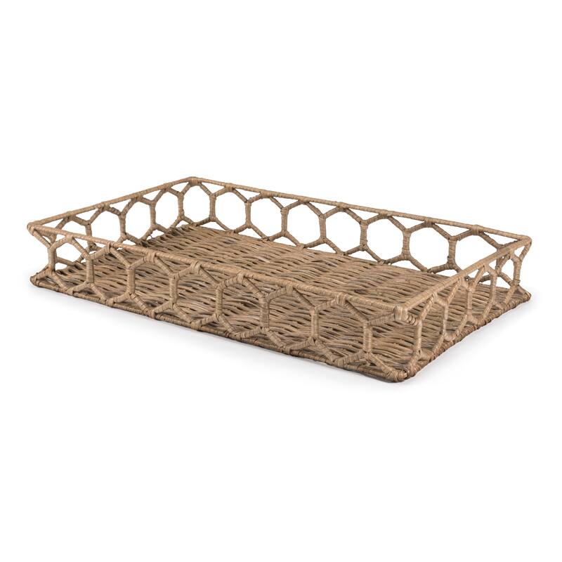 happimess Honeycomb 19.75" Rustic Bohemian Hand-Woven Rattan Tray, Natural - Natural