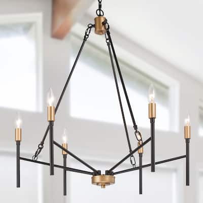 Modern Farmhouse Chandelier Wheel Light Black Metal Candle for Dining Room - D27" x H90"