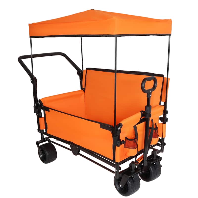 3-in-1 Folding Wagon Cart with Bench Seat & Canopy & Storage, 500lbs Heavy-Duty, 180L Capacity, All-Terrain Wagon