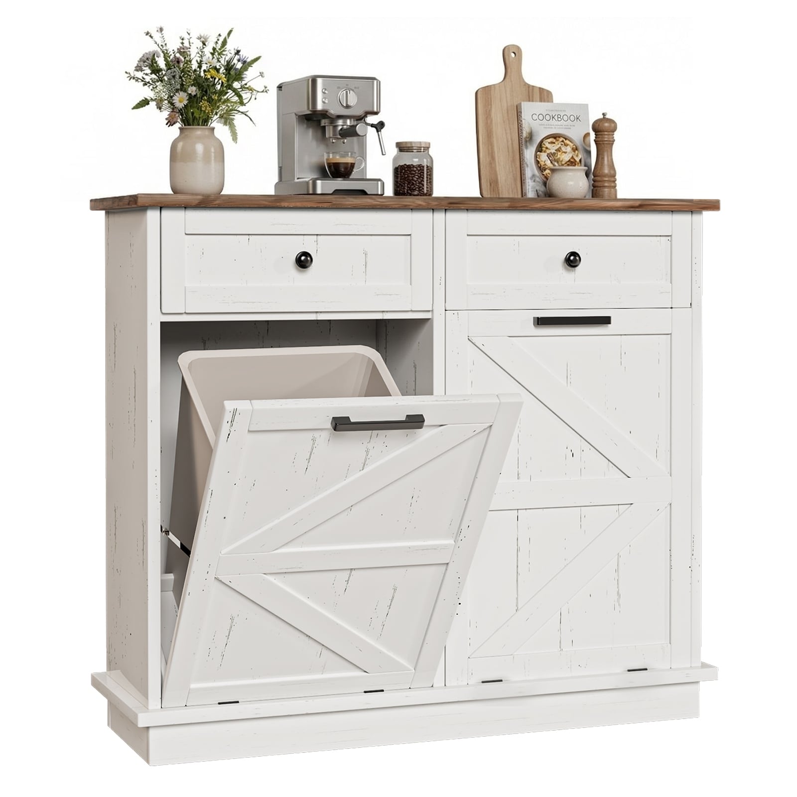 Tilt Out Trash Can Cabinet for Kitchen, Double 10-Gallon Hidden Trash Cabinet with Drawer, Farmhouse Wooden Garbage Cabinet