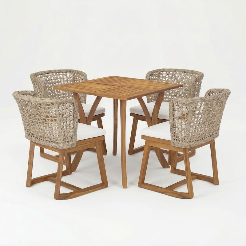 Christopher Knight Home - Dome 5-Piece Outdoor Acacia Wood Dining Set with Wicker Chairs & 31.5" Square Dining Table