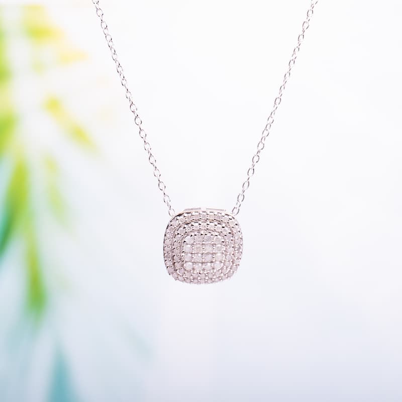 Miadora Sterling Silver 1/2ct TDW Diamond Double-Halo Square Cluster Necklace - White
