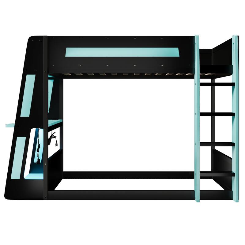 Gaming Bunk Bed with Computer Desk, Storage Shelves, USB Port and LED Strip Lighting, Esports Design, Wooden Gaming Bed