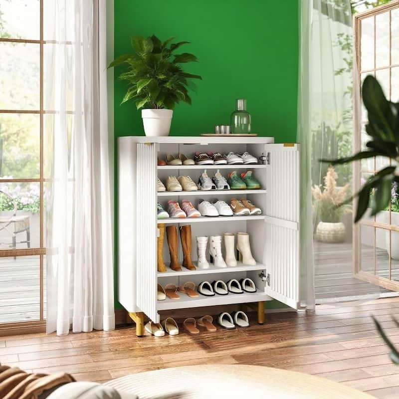 Versatile 6 Tier Shoe Cabinet with Adjustable Shelves Dual Louver Doors Wide Countertop - 33.46" x 13.78" x 43.31"