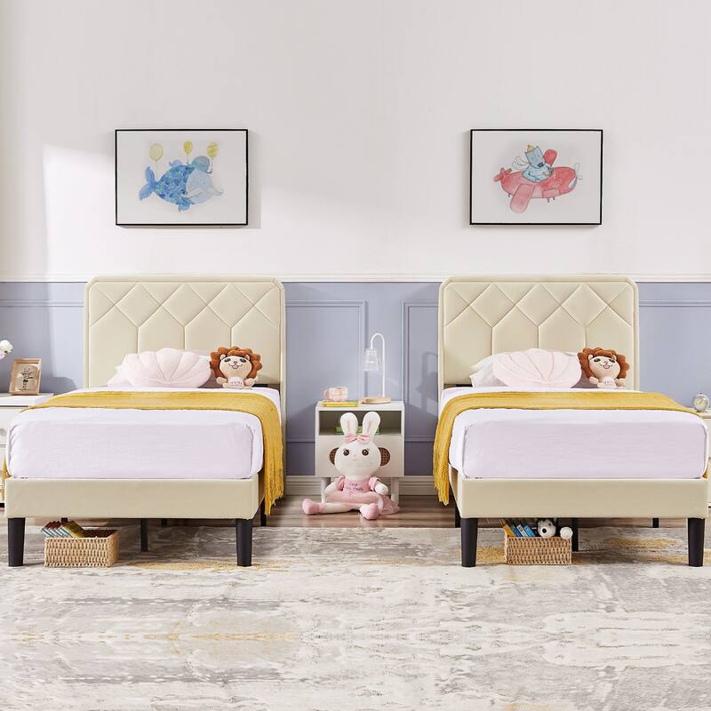 2 Pcs Upholstered Twin Size Platform Bed with Adjustable Headboard - Beige - Twin
