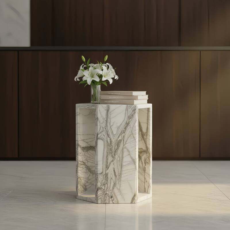 Roomfitters Luxury Natural Marble Hexagon Side Table, Solid Stone Geometric Pedestal End Table, Polished Finish