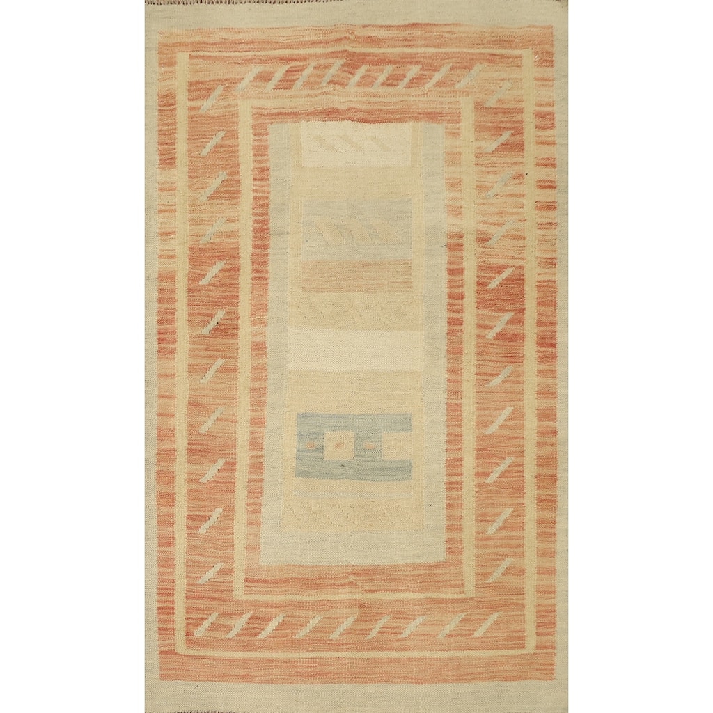 Hand Woven Oriental 100% Wool Carpet Southwestern Tribal Oranges & Rust Kilim Area Rug - 5' 0'' X 3' 5''