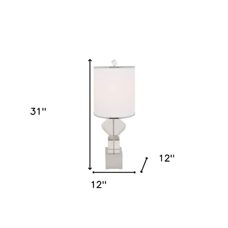 Clear Silver Faux Crystal Lamp with White Linen Drum Shade and 3 Way Switch - 12” x 12” x 31” (D x W x H)