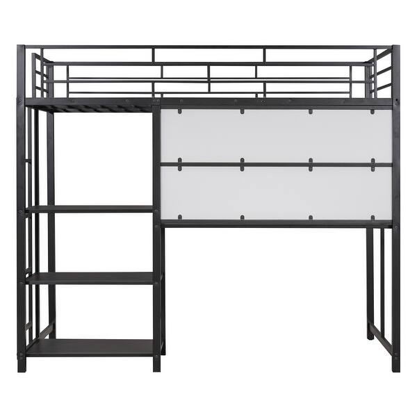 slide 2 of 48, Platform Bed with Desk and Whiteboard, Metal Loft Bed w/ 3 Storage Shelves, Safety Guardrail & Ladder, Space-Saving, Noise Free Black - Twin