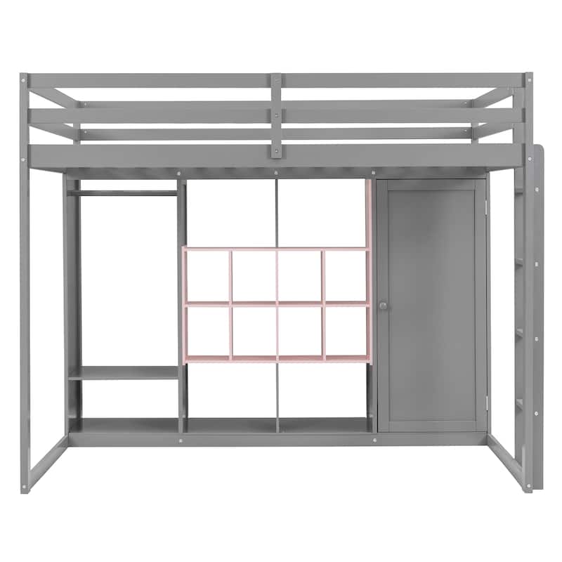 Full Size Wood Loft Bed with Wardrobe