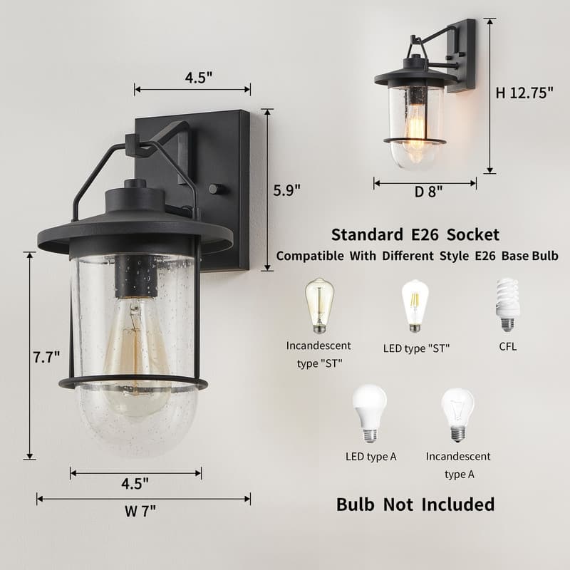 KAWOTI 12.75" Black Outdoor Wall Lantern - W7" x D8" x H12.75"