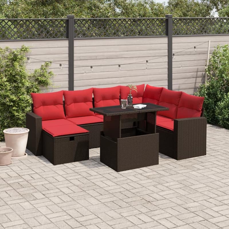 vidaXL Patio Sofa Set with Cushions and Table Outdoor Garden 8 Piece Poly Rattan - 24.4" x 24.4" x 27.2" - Brown