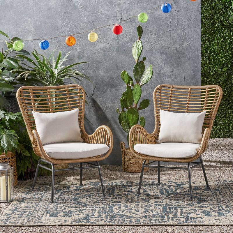 Roomfitters Tall Back Rattan Lounge Chairs with Cushions and Flared Arm Design, Set of 2 for Patio or Balcony