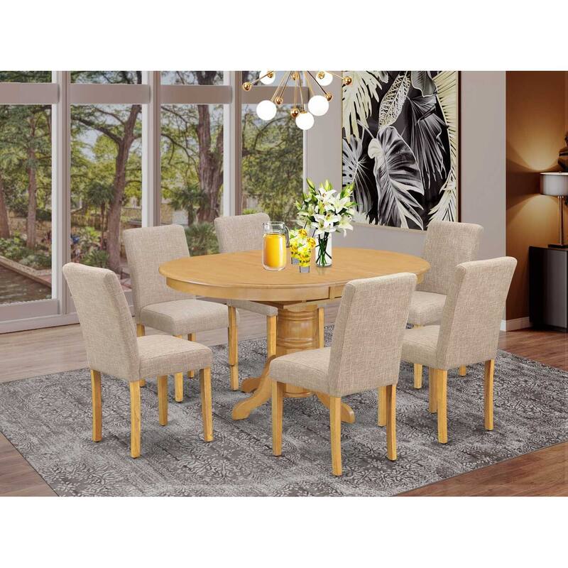French Country Dining Set - 7 Piece Table & Chair Set - Oval Kitchen Table with Leaf & Linen Chairs - 42x60 Inch Oak
