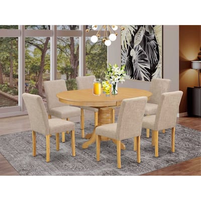 French Country Dining Set - 7 Piece Table & Chair Set - Oval Kitchen Table with Leaf & Linen Chairs - 42x60 Inch Oak