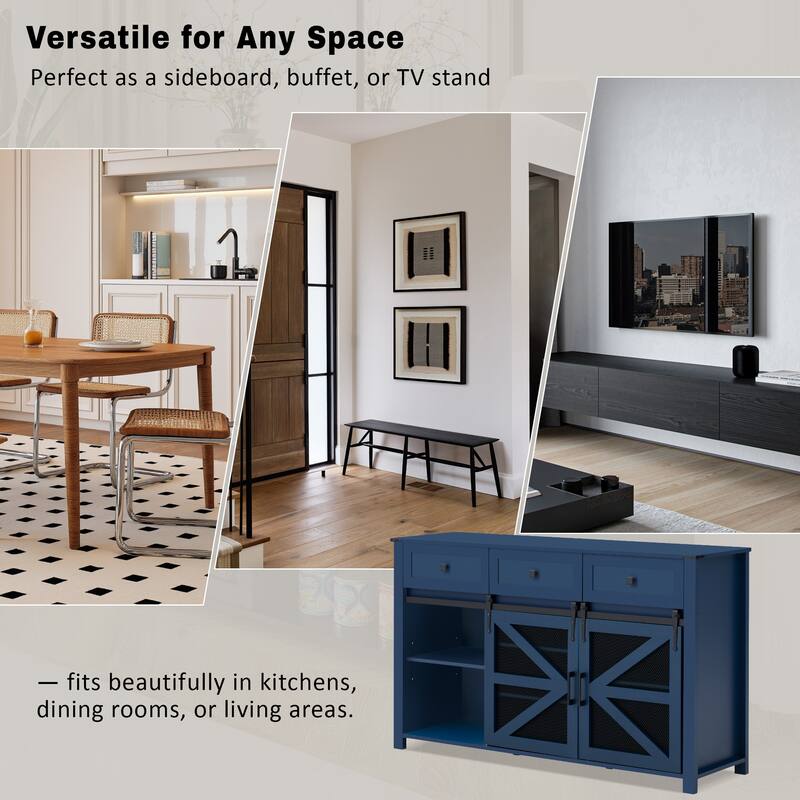 55" Sliding Barn Door Sideboard Buffet Cabinet with 3 Drawers, Adjustable Shelves, Metal Mesh & Particleboard Doors