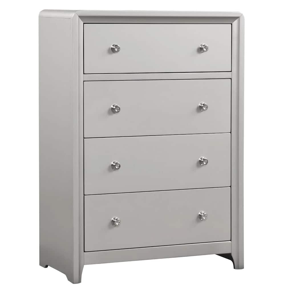 Broy Tall Dresser Chest, 4 Drawers, Crystal Knobs, Champagne Gray Wood