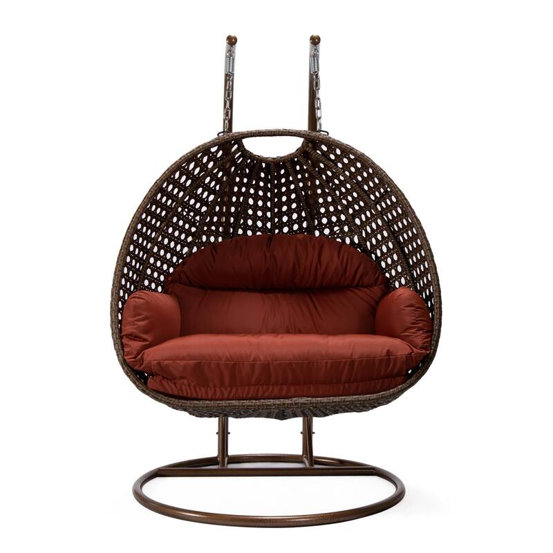 LeisureMod Mendoza Dark Brown 2 Seater Wicker Patio Hanging Double Swing Chair for Patio Porch Backyard Garden - 53"