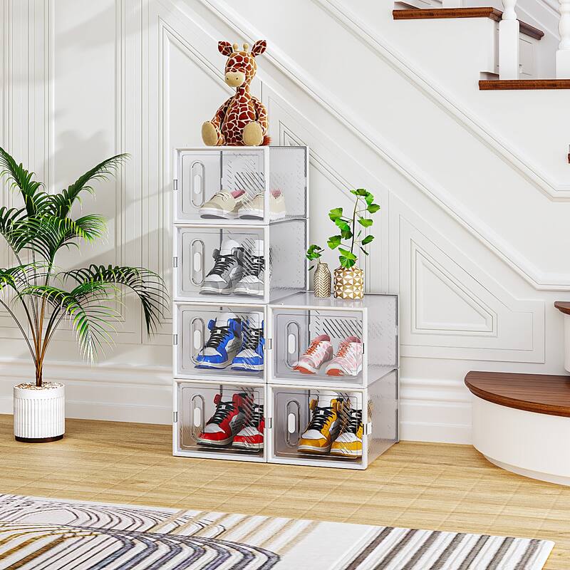 Set of 6 White Plastic Stackable Modular Shoe Storage Boxes with Breathable Mesh Design - 35 x 25 x 19 cm