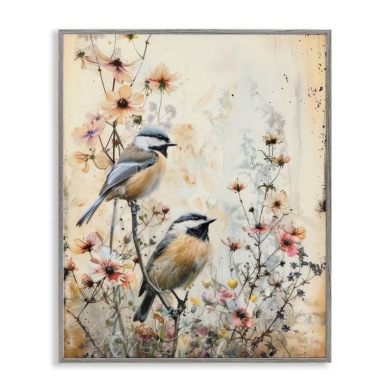 Stupell Sparrows Perched on Florals Framed Giclee Art Design By Arlington Prints - 11 x 14 - Grey