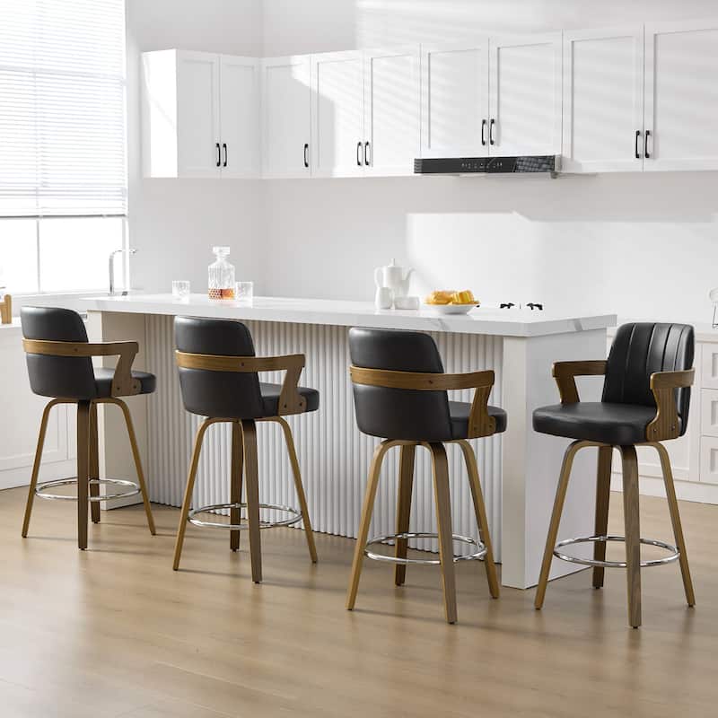 Upholstered Swivel Barstool with Arms and Bentwood Legs - 40.8"H x 18.9"W x 19.5"D/19.3"D
