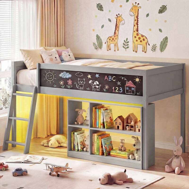 Gymax Kids Loft Bed w/LED Lights Chalkboard & Removable Bookcase