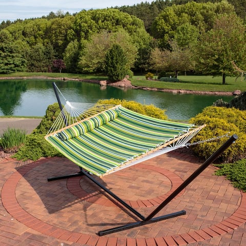 Sunnydaze 2-Person Quilted Spreader Bar Hammock and 15-Foot Stand - Melon Stripe